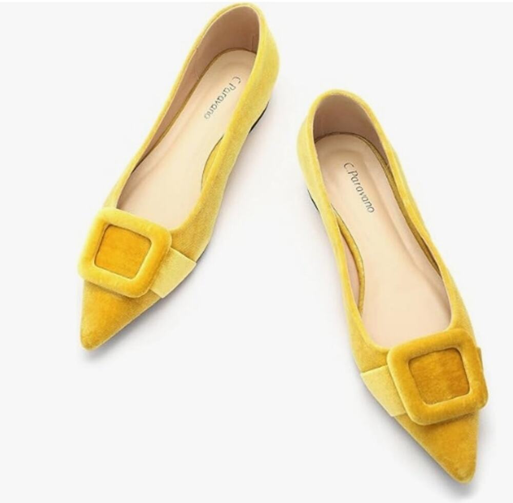 C.Paravano Yellow Velvet Pointed Toe Flats Women's Size 9 NIB